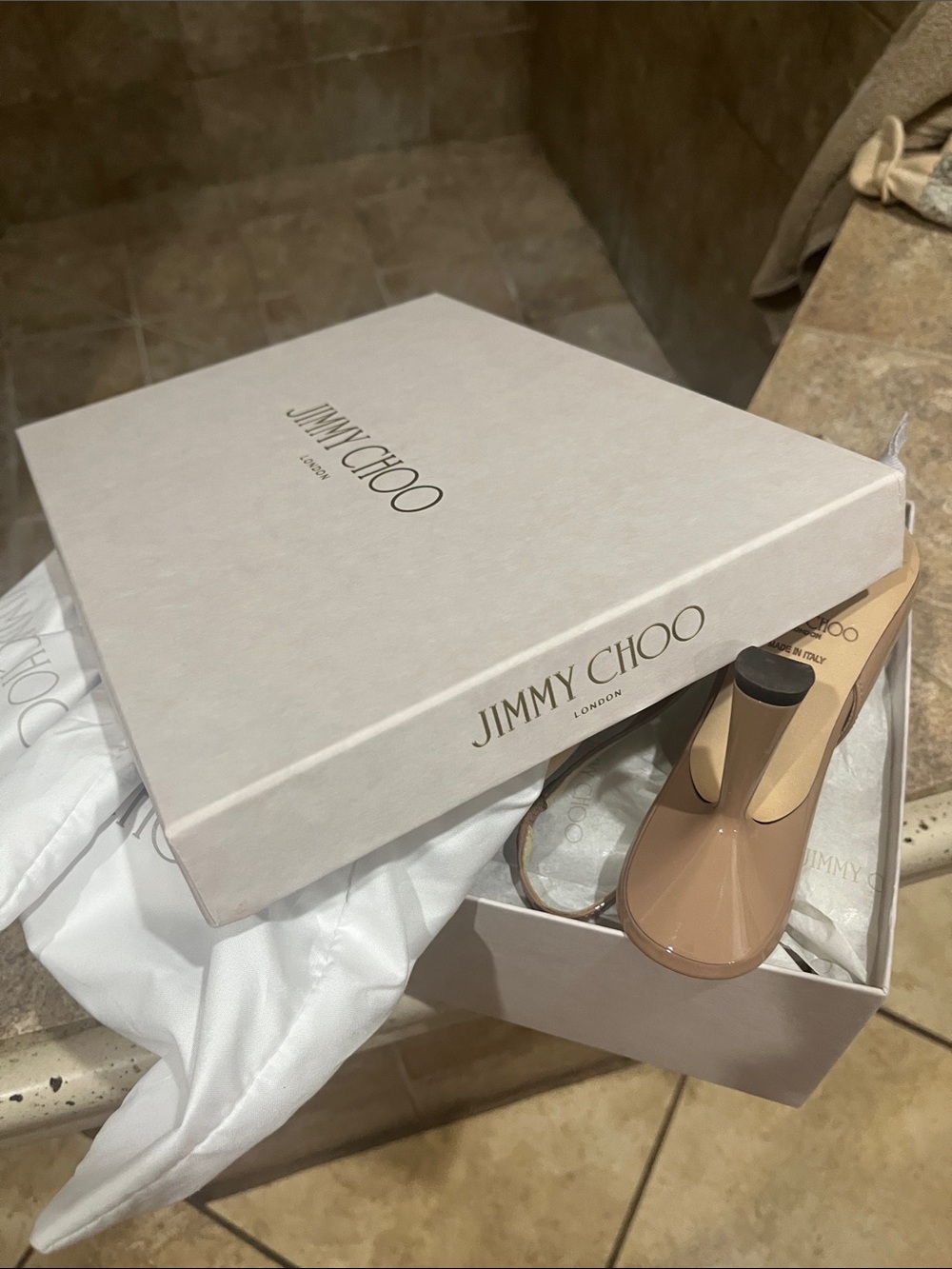 Jimmy Choo Nude Patent Leather Slingback Pumps - Picture 8 of 8